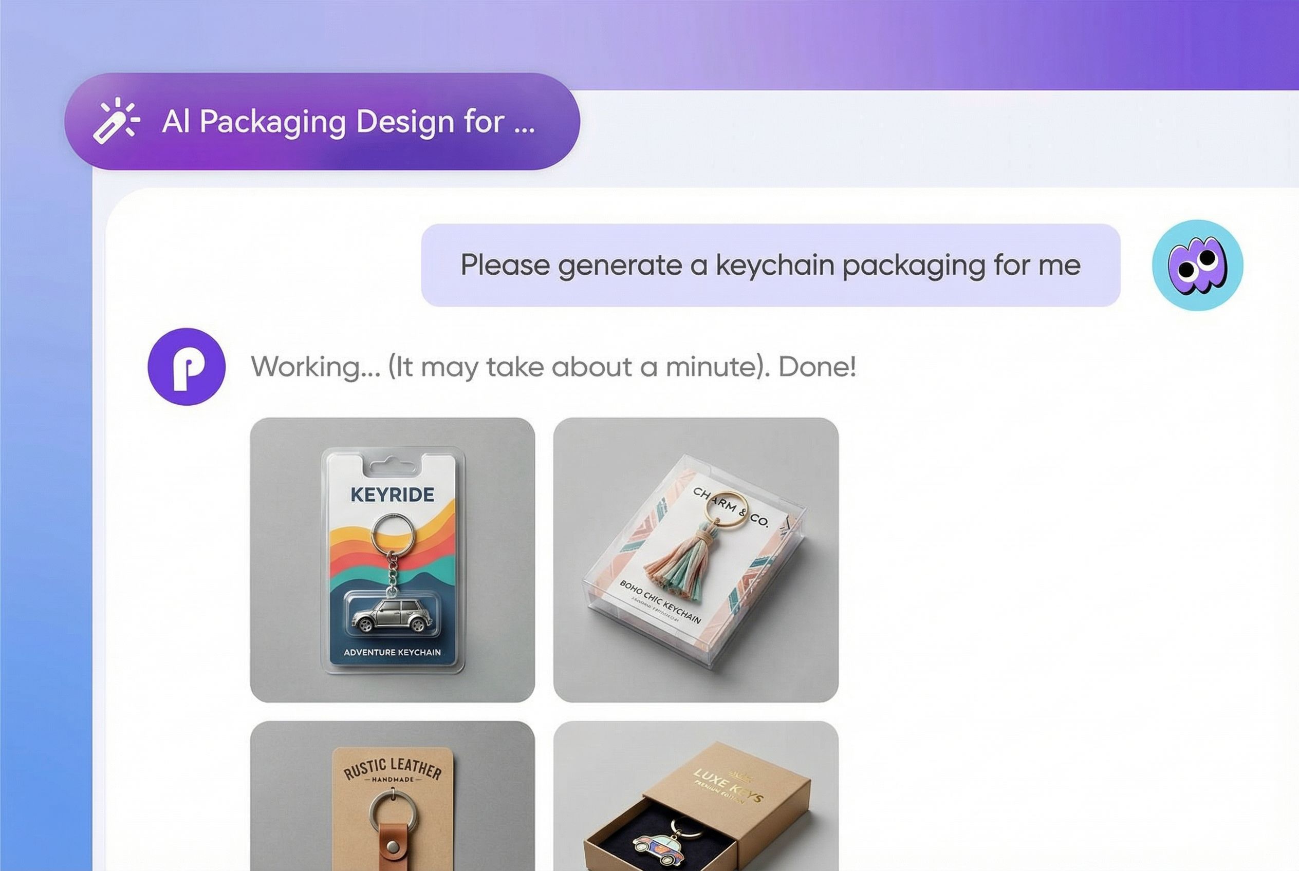 Design keychain packaging by chat